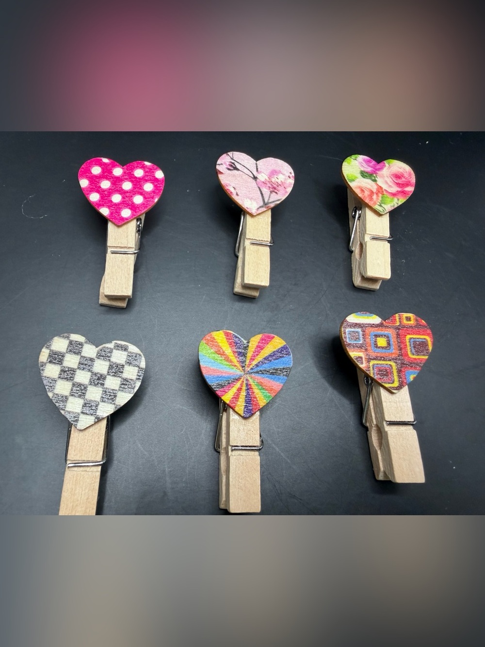 Wooden Heart Clothespin Clips - Assorted Colorful Designs